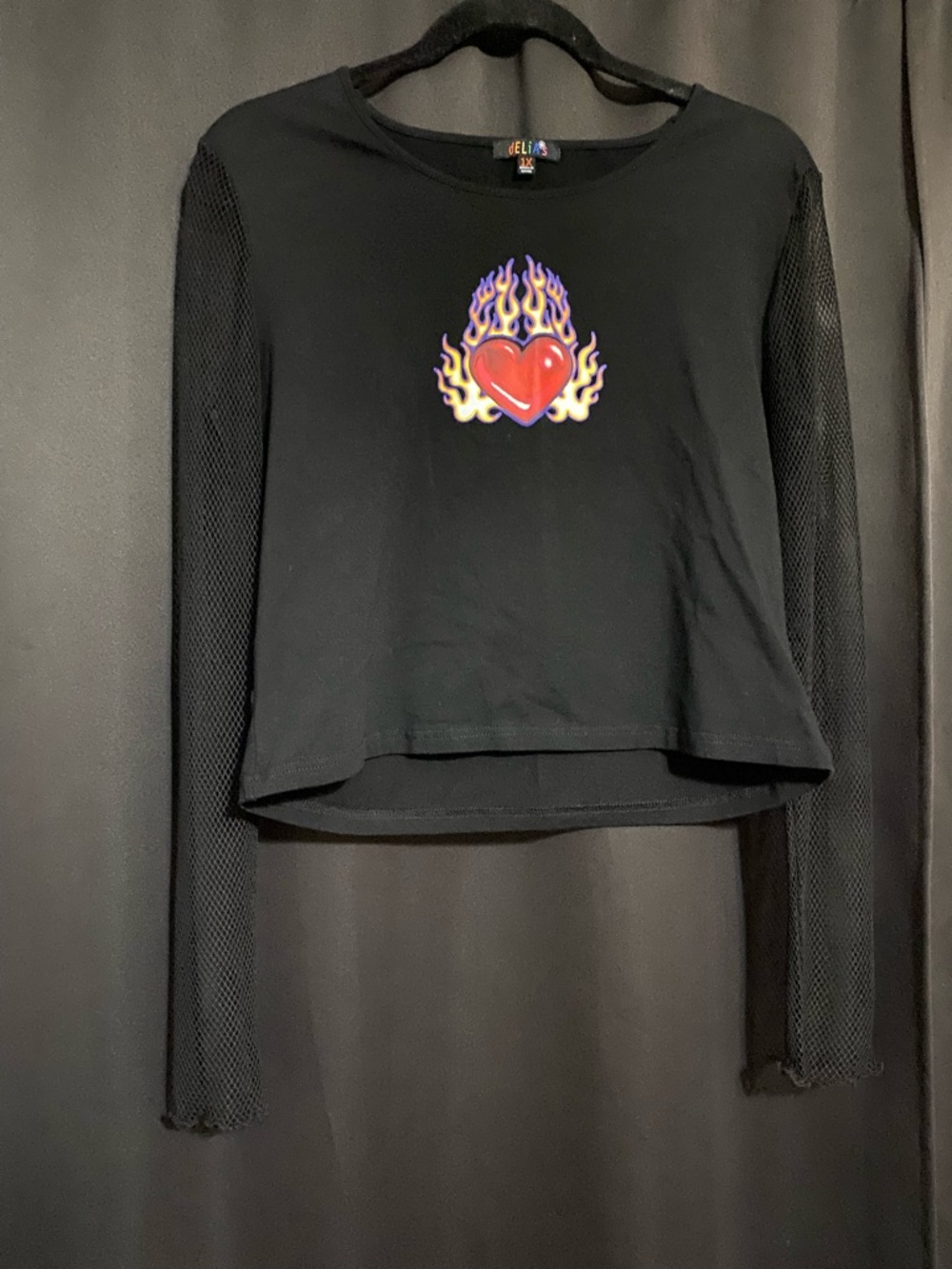 dELiA*s Black Crop Top with Red Flaming Heart Graphic Mesh Sleeve Grunge 90’s/00
